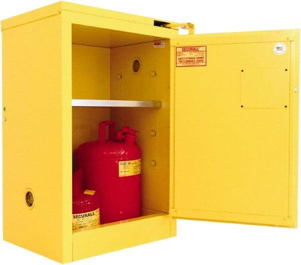 Securall Cabinets - 1 Door, 1 Shelf, Yellow Steel Standard Safety Cabinet for Flammable and Combustible Liquids - 37" High x 24" Wide x 18" Deep, Self Closing Door, 3 Point Key Lock, 12 Gal Capacity - Makers Industrial Supply