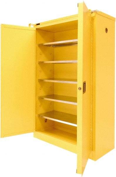 Securall Cabinets - 2 Door, 5 Shelf, Yellow Steel Standard Safety Cabinet for Flammable and Combustible Liquids - 67" High x 43" Wide x 18" Deep, Sliding Door, 3 Point Key Lock, 60 Gal Capacity - Makers Industrial Supply