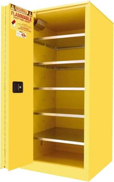 Securall Cabinets - 2 Door, 5 Shelf, Yellow Steel Standard Safety Cabinet for Flammable and Combustible Liquids - 65" High x 31" Wide x 31" Deep, Sliding Door, 3 Point Key Lock, 120 Gal Capacity - Makers Industrial Supply