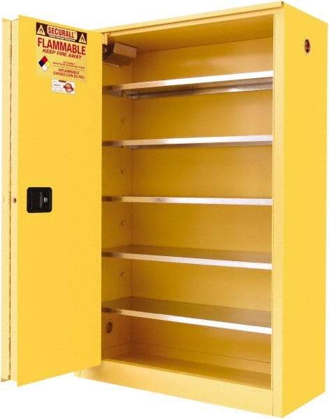 Securall Cabinets - 2 Door, 5 Shelf, Yellow Steel Standard Safety Cabinet for Flammable and Combustible Liquids - 65" High x 43" Wide x 18" Deep, Sliding Door, 3 Point Key Lock, 60 Gal Capacity - Makers Industrial Supply