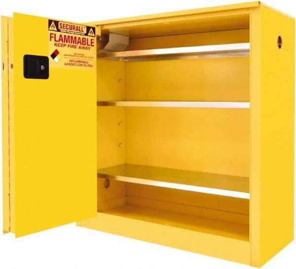 Securall Cabinets - 2 Door, 3 Shelf, Yellow Steel Standard Safety Cabinet for Flammable and Combustible Liquids - 44" High x 43" Wide x 18" Deep, Sliding Door, 3 Point Key Lock, 40 Gal Capacity - Makers Industrial Supply