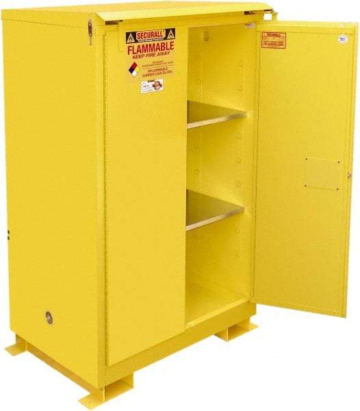 Securall Cabinets - 2 Door, 2 Shelf, Yellow Steel Standard Safety Cabinet for Flammable and Combustible Liquids - 71" High x 43" Wide x 31" Deep, Self Closing Door, 3 Point Key Lock, 90 Gal Capacity - Makers Industrial Supply