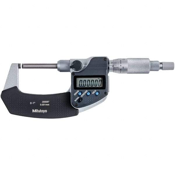 Mitutoyo - 0 to 1" Range, 0.00005" Resolution, Non-Rotating Throat Electronic Outside Micrometer - 0.00015" Accuracy, Ratchet Stop Thimble, Carbide-Tipped Face, SR44 Battery - Makers Industrial Supply