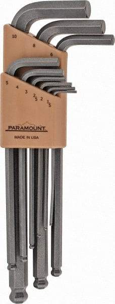 Paramount - 9 Piece L-Key Ball End Hex Key Set - Hex Range 1.5 to 10mm, 7-1/4" OAL, Steel - Makers Industrial Supply