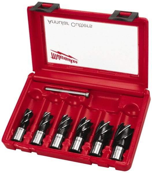 Milwaukee Tool - 6 Piece, 9/16 to 1-1/16" Cutter Diam, 1" Cutting Depth, Steel Annular Cutter Set - Bright Finish, 3/4" Shank Diam, 9/16, 5/8, 11/16, 13/16, 15/16, 1-1/16" Cutter Diams, 2 Flats on Shank - Makers Industrial Supply