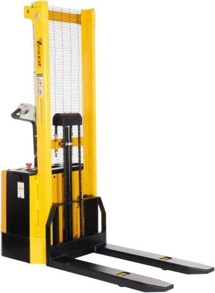 Vestil - 2,000 Lb Capacity, 62" Lift Height, Battery Powered Stacker - 3-3/8" Lowered Height, 42" Fork Length, 26-3/4" Overall Width - Makers Industrial Supply