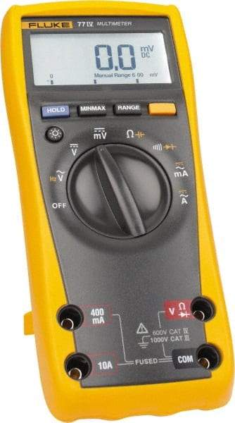 Fluke - 77-4, CAT IV, CAT III, 1,000 VAC/VDC, Digital Auto Ranging Average Responding Manual Ranging Multimeter - 50 mOhm, Measures Voltage, Capacitance, Current, Frequency, Resistance - Makers Industrial Supply