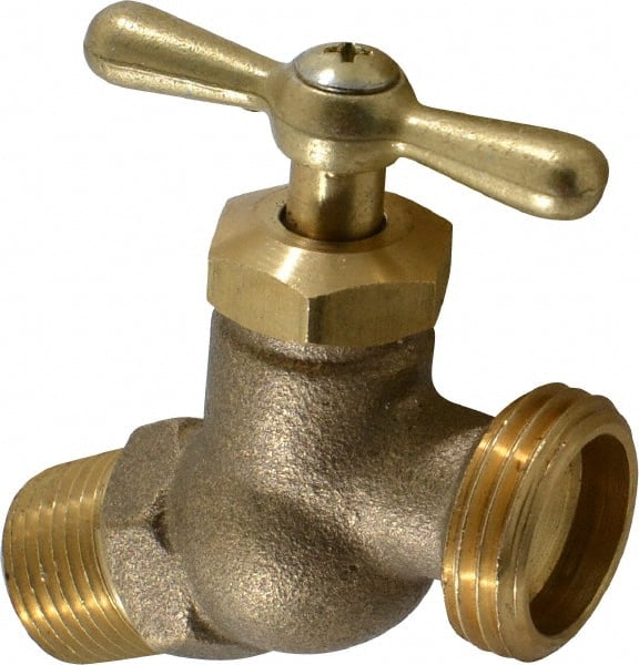 1/2 Inch Pipe, 125 psi WOG Rating, Brass Hose Bibb, Stop Valve Tee Handle, MNPT x GHT End Connections