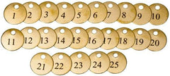 Value Collection - 1-1/2" High x 1-1/2" Long, 1 to 25, English Safety & Facility Numbered Tag - 1 Side, Brass - Makers Industrial Supply