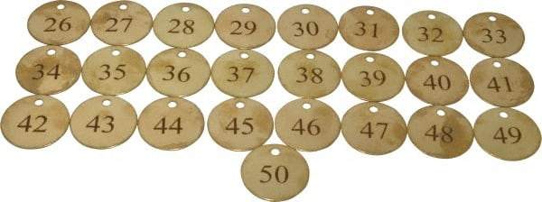 Value Collection - 1-1/2" High x 1-1/2" Long, 26 to 50, English Safety & Facility Numbered Tag - 1 Side, Brass - Makers Industrial Supply