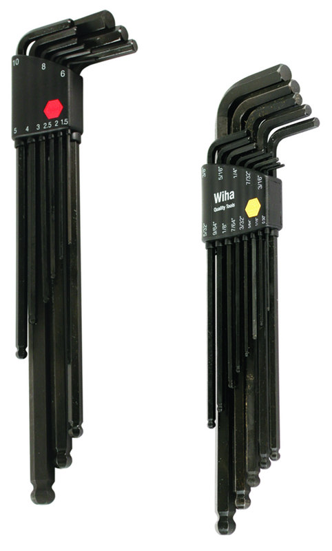 22 Piece - .050 - 3/8" & Metric 1.5 - 10.0mm - Black Finish - Ball End Hex L-Key Long Arm Inch Set - Makers Industrial Supply