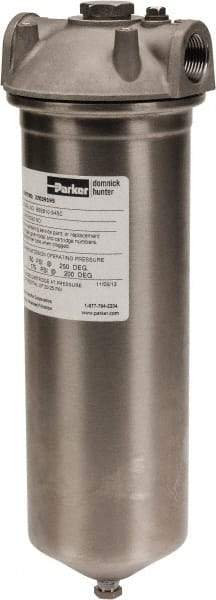 Parker - 3/4 Inch Pipe, FNPT End Connections, 10 Inch Long Cartridge, 12-3/4 Inch Long, Cartridge Filter Housing with Pressure Relief - 1 Cartridge, 5 Max GPM Flow Rate, 150 psi Max Working Pressure, 316 Grade - Makers Industrial Supply