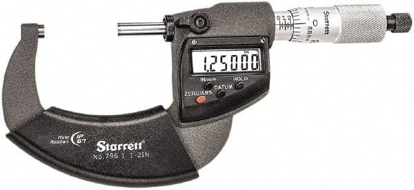 Starrett - 1 to 2" Range, Standard Throat IP67 Electronic Outside Micrometer - Ratchet Stop Thimble, Carbide Face, CR2032 Battery - Makers Industrial Supply