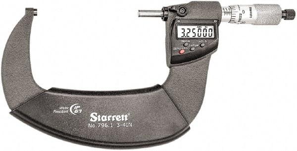 Starrett - Standard Throat IP67 Electronic Outside Micrometer - Ratchet Stop Thimble, Carbide Face, CR2032 Battery - Makers Industrial Supply