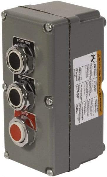 Schneider Electric - 3 Operator, Projecting Pushbutton Control Station - Forward, Reverse, Stop (Legend), Momentary Switch, 3NO/3NC Contact, NEMA 13, 3, 4 - Makers Industrial Supply