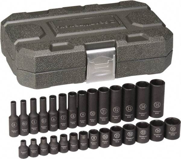 GearWrench - 28 Piece 1/4" Drive Black Finish Deep Well Impact Socket Set - 6 Points, 4mm to 11mm Range, Metric Measurement Standard - Makers Industrial Supply