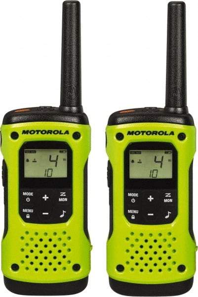 Motorola - 16 Mile Range, 22 Channel, 0.5 & 1.5 Watt, Series Talkabout, Recreational Two Way Radio - FRS/GMRS Band, 462.55 to 467.7125 Hz, AA & NiMH Battery, 9 NiMH & 23 AA hr Life, 9.65" High x 9.45" Wide x 2.44" Deep, Scanning, Low Battery Alerts - Makers Industrial Supply