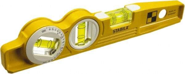 Stabila - Magnetic 10" Long 3 Vial Torpedo Level - Die Cast, Yellow, 1 Plumb, 1 Level & 1 360° Vials - Makers Industrial Supply