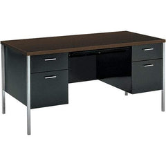 Hon - Woodgrain Laminate Double Pedestal Desk with Center Drawer - 60" Wide x 30" Deep x 29-1/2" High, Mocha/Black - Makers Industrial Supply