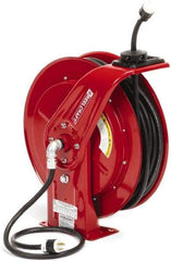 Reelcraft - 12 AWG, 100' Cable Length, Cord & Cable Reel with Outlet End - 1 Outlet, NEMA 5-20R, 20 Amps, 125 Volts, SEOOW Cable, Red Reel, Spring Driven Reel - Makers Industrial Supply