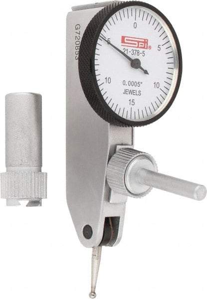 SPI - 0.03" Range, 0.0005" Dial Graduation, Horizontal Dial Test Indicator - 1-1/4" White Dial, 0-15-0 Dial Reading, Accurate to 0.0005" - Makers Industrial Supply