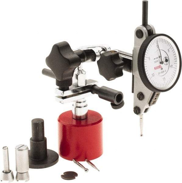 SPI - 9 Piece, 0" to 0.06" Measuring Range, 1-1/2" Dial Diam, 0-15-0 Dial Reading, White Dial Test Indicator Kit - 0.0012" Accuracy, 0.86" Contact Point Length, 0.079" Ball Diam, 0.0005" Dial Graduation - Makers Industrial Supply