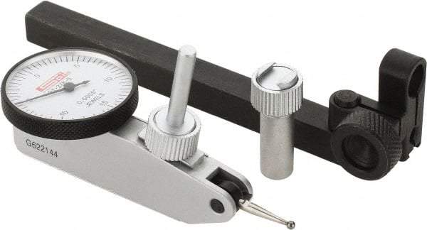 SPI - 8 Piece, 0" to 0.03" Measuring Range, 1-1/4" Dial Diam, 0-15-0 Dial Reading, White Dial Test Indicator Kit - 0.0005" Accuracy, 0.64" Contact Point Length, 0.079" Ball Diam, 0.0005" Dial Graduation - Makers Industrial Supply