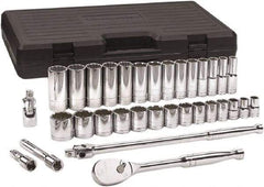 GearWrench - 33 Piece 1/2" Drive Chrome Finish Deep Well Socket Set - 12 Points, 7/16" to 1-1/2" Range, Inch Measurement Standard - Makers Industrial Supply