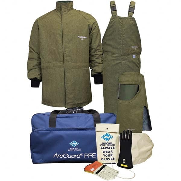 Size L, 4 HRC, 5 oz Arc Flash Clothing Kit 40 cal per Sq cm, Hood & Face Shield Protection, Short Coat & Bib Overalls, Includes Gear Bag