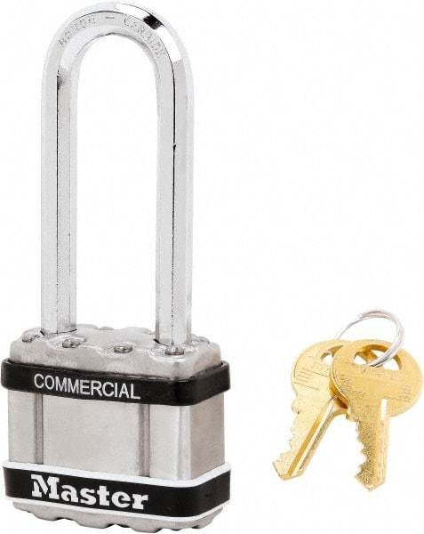 Master Lock - 2-1/2" Shackle Clearance, Keyed Different Padlock - 5/16" Shackle Diam, Laminated Steel - Makers Industrial Supply