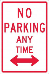 NMC - "No Parking Anytime", "Double Arrow", 12" Wide x 18" High, Aluminum No Parking & Tow Away Signs - 0.063" Thick, Red on White, Rectangle, Post Mount - Makers Industrial Supply