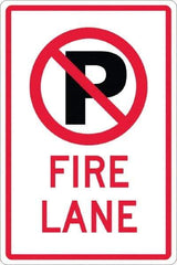 NMC - "Fire Lane", "Strike on P", 12" Wide x 18" High, Aluminum No Parking & Tow Away Signs - 0.08" Thick, Red & Black on White, High Intensity Reflectivity, Rectangle, Post Mount - Makers Industrial Supply