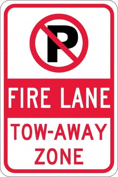 NMC - "Fire Lane Tow-Away Zone", "Strike on P", 12" Wide x 18" High, Aluminum No Parking & Tow Away Signs - 0.08" Thick, Red & Black on White, Engineer Grade Reflectivity, Rectangle, Post Mount - Makers Industrial Supply