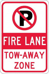 NMC - "Fire Lane Tow-Away Zone", "Strike on P", 12" Wide x 18" High, Aluminum No Parking & Tow Away Signs - 0.08" Thick, Red & Black on White, Engineer Grade Reflectivity, Rectangle, Post Mount - Makers Industrial Supply