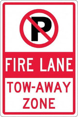 NMC - "Fire Lane Tow-Away Zone", "Strike on P", 12" Wide x 18" High, Aluminum No Parking & Tow Away Signs - 0.063" Thick, Red & Black on White, Rectangle, Post Mount - Makers Industrial Supply