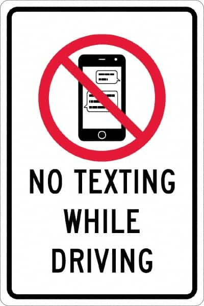 NMC - "No Texting While Driving", "Strike on Cell Phone", 12" Wide x 18" High, Aluminum Warning & Safety Reminder Signs - 0.063" Thick, Red & Black on White, Rectangle, Post Mount - Makers Industrial Supply