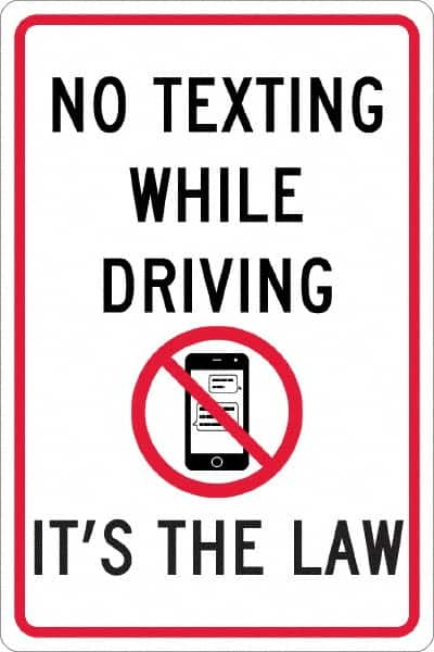 NMC - "No Texting While Driving It's The Law", "Strike on Cell Phone", 12" Wide x 18" High, Aluminum Warning & Safety Reminder Signs - 0.063" Thick, Red & Black on White, Rectangle, Post Mount - Makers Industrial Supply