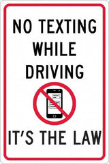 NMC - "No Texting While Driving It's The Law", "Strike on Cell Phone", 12" Wide x 18" High, Aluminum Warning & Safety Reminder Signs - 0.063" Thick, Red & Black on White, Rectangle, Post Mount - Makers Industrial Supply