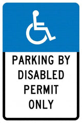 NMC - "Parking By Disabled Permit Only", "Handicap Symbol", 12" Wide x 18" High, Aluminum ADA Signs - 0.04" Thick, White on Blue, Rectangle, Post Mount - Makers Industrial Supply