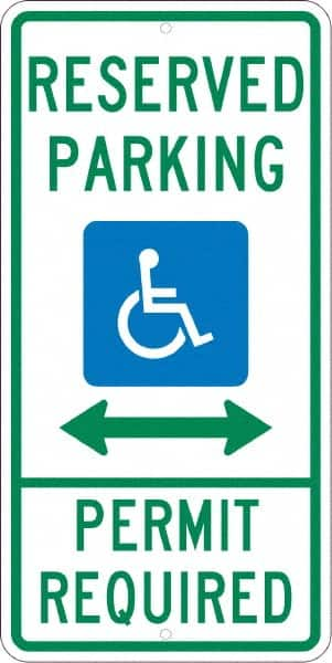 NMC - "Reserved Parking Permit Required", "Handicap Symbol", 12" Wide x 24" High, Aluminum ADA Signs - 0.08" Thick, Green & Blue on White, Engineer Grade Reflectivity, Rectangle, Post Mount - Makers Industrial Supply