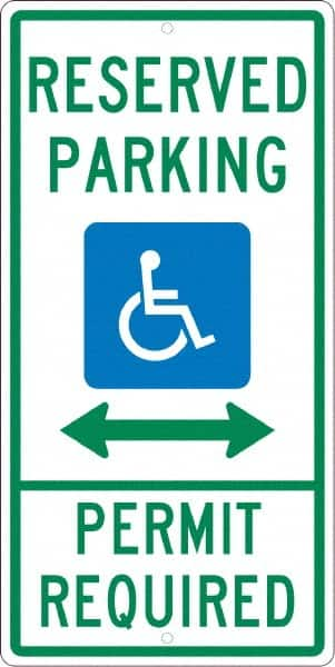 NMC - "Reserved Parking Permit Required", "Handicap Symbol", 12" Wide x 24" High, Aluminum ADA Signs - 0.063" Thick, Green & Blue on White, Rectangle, Post Mount - Makers Industrial Supply