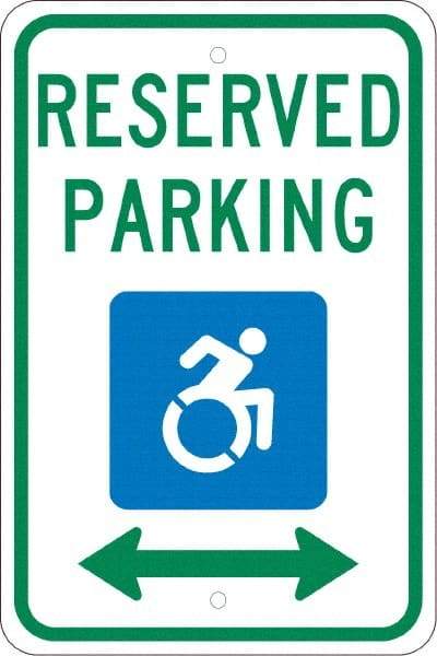 NMC - "Reserved Parking", "Handicap Symbol", 12" Wide x 18" High, Aluminum ADA Signs - 0.08" Thick, Green & Blue on White, Engineer Grade Reflectivity, Rectangle, Post Mount - Makers Industrial Supply