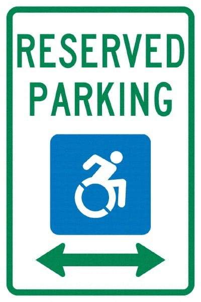 NMC - "Reserved Parking", "Handicap Symbol", 12" Wide x 18" High, Aluminum ADA Signs - 0.04" Thick, Green & Blue on White, Rectangle, Post Mount - Makers Industrial Supply