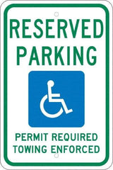 NMC - "Reserved Parking Permit Required Towing Enforced", "Handicap Symbol", 12" Wide x 18" High, Aluminum Reserved Parking Signs - 0.08" Thick, Green & Blue on White, Engineer Grade Reflectivity, Rectangle, Post Mount - Makers Industrial Supply