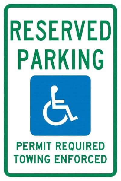 NMC - "Reserved Parking Permit Required Towing Enforced", "Handicap Symbol", 12" Wide x 18" High, Aluminum Reserved Parking Signs - 0.04" Thick, Green & Blue on White, Rectangle, Post Mount - Makers Industrial Supply