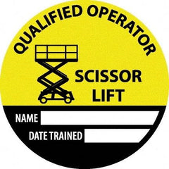 NMC - Safety Trained Scissor Lift - Name ____ Date Trained ____, Hard Hat Label - Round, Yellow, Black, White, 0.004" Thick, Indoor or Outdoor, Adhesive Backed, For Accident Prevention - Makers Industrial Supply