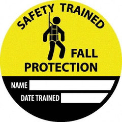 NMC - Safety Trained Fall Protection - Name ____ Date Trained ____, Hard Hat Label - Round, Yellow, Black, White, 0.004" Thick, Indoor or Outdoor, Adhesive Backed, For Accident Prevention - Makers Industrial Supply