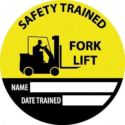 NMC - Safety Trained Fork Lift - Name ____ Date Trained ____, Hard Hat Label - Round, Yellow, Black, White, 0.004" Thick, Indoor or Outdoor, Adhesive Backed, For Accident Prevention - Makers Industrial Supply