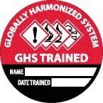 NMC - Globally Harmonized System GHS Trained - Name ____ Date Trained ____, Hard Hat Label - Round, Black & White on Red, 0.004" Thick, Indoor or Outdoor, Adhesive Backed, For Accident Prevention - Makers Industrial Supply