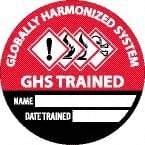 NMC - Globally Harmonized System GHS Trained - Name ____ Date Trained ____, Hard Hat Label - Diamond, Black & White on Red, 0.004" Thick, Indoor or Outdoor, Adhesive Backed, For Accident Prevention - Makers Industrial Supply